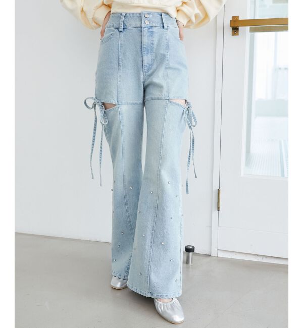 「スリットビジューフレアデニムパンツ」|デニム|サックス