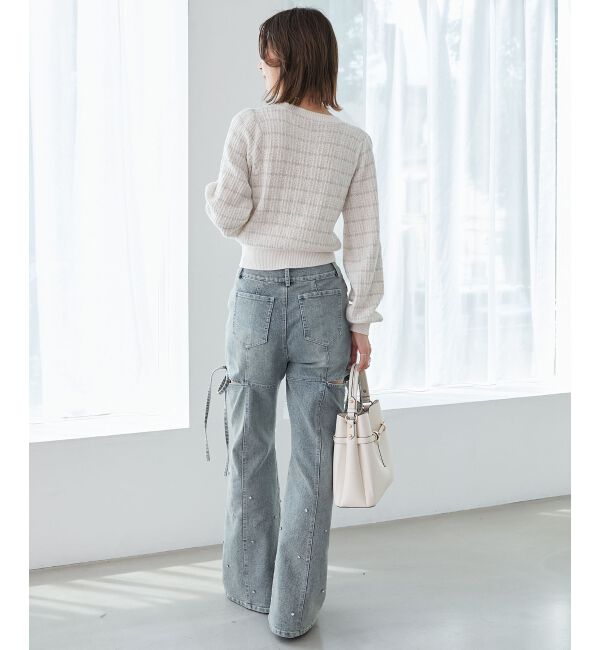  「スリットビジューフレアデニムパンツ」|デニム|