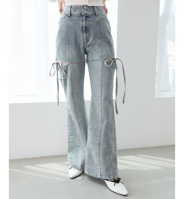  「スリットビジューフレアデニムパンツ」|デニム|