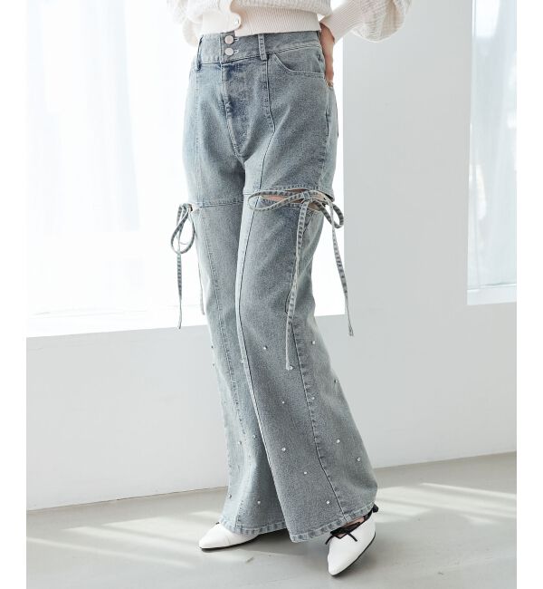  「スリットビジューフレアデニムパンツ」|デニム|