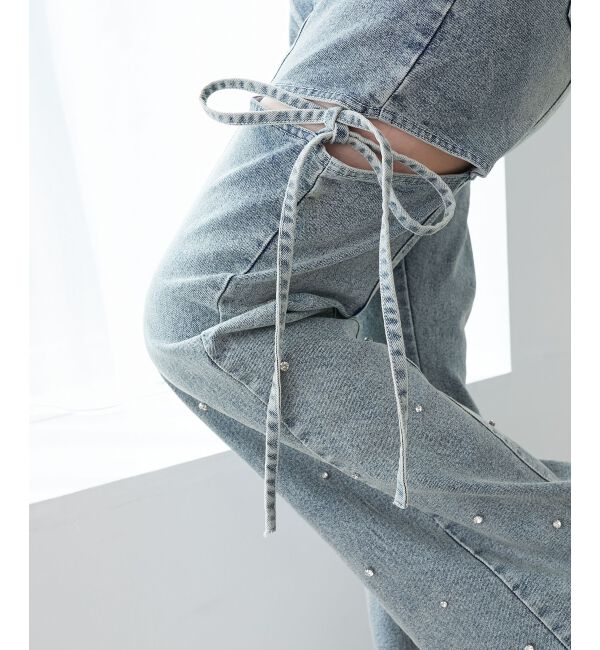  「スリットビジューフレアデニムパンツ」|デニム|