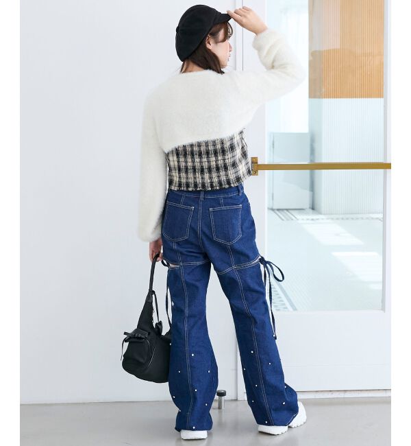  「スリットビジューフレアデニムパンツ」|デニム|