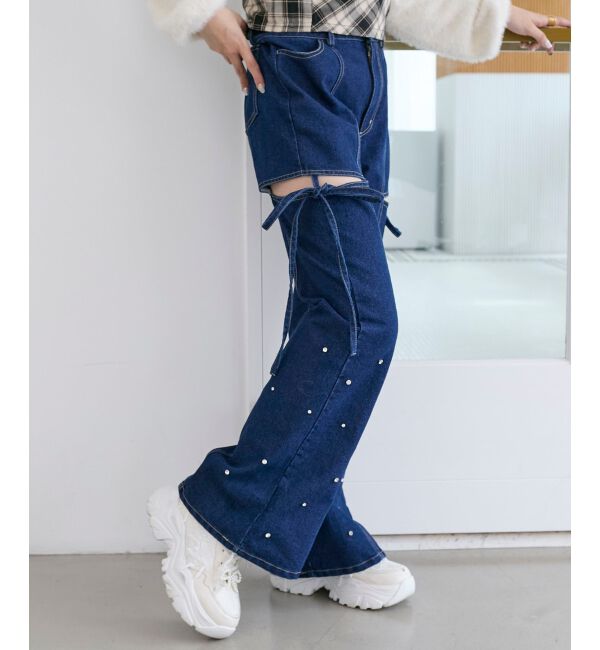  「スリットビジューフレアデニムパンツ」|デニム|