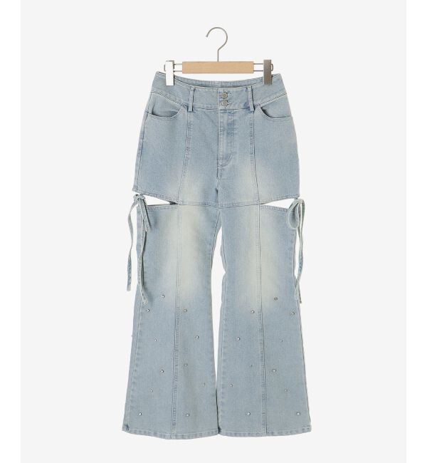  「スリットビジューフレアデニムパンツ」|デニム|