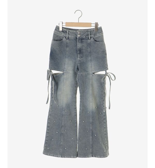  「スリットビジューフレアデニムパンツ」|デニム|