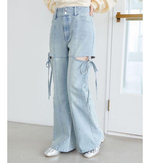  「スリットビジューフレアデニムパンツ」|デニム|