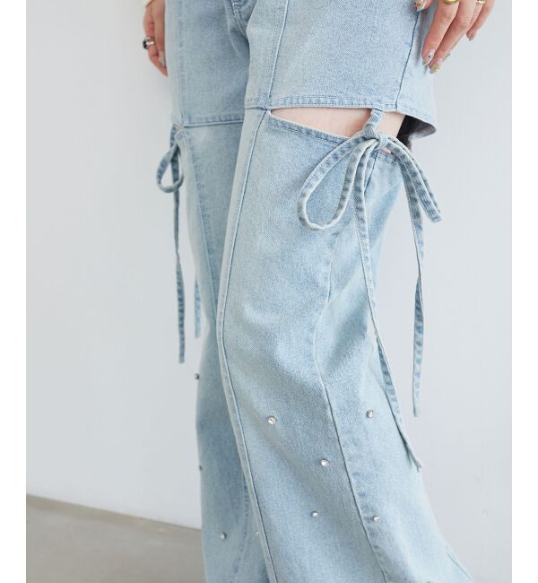  「スリットビジューフレアデニムパンツ」|デニム|