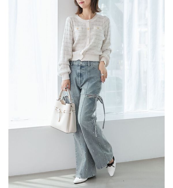  「スリットビジューフレアデニムパンツ」|デニム|