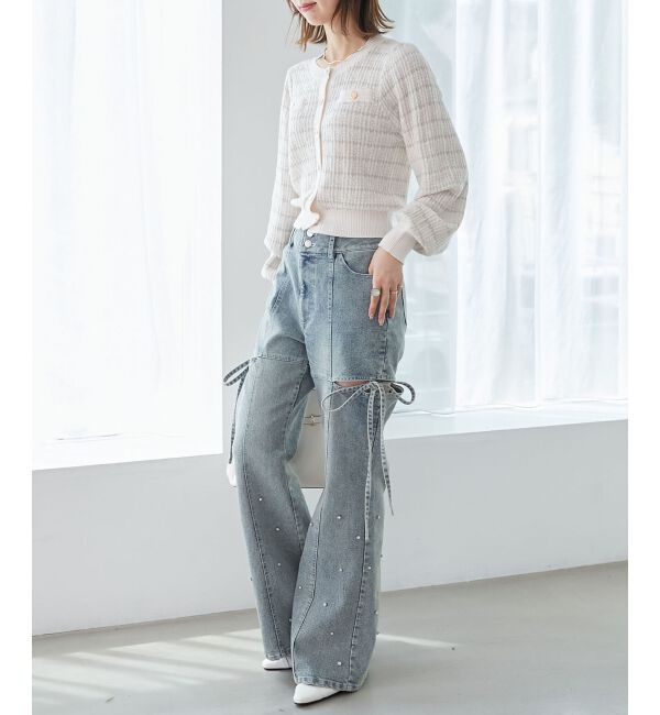  「スリットビジューフレアデニムパンツ」|デニム|ブルー