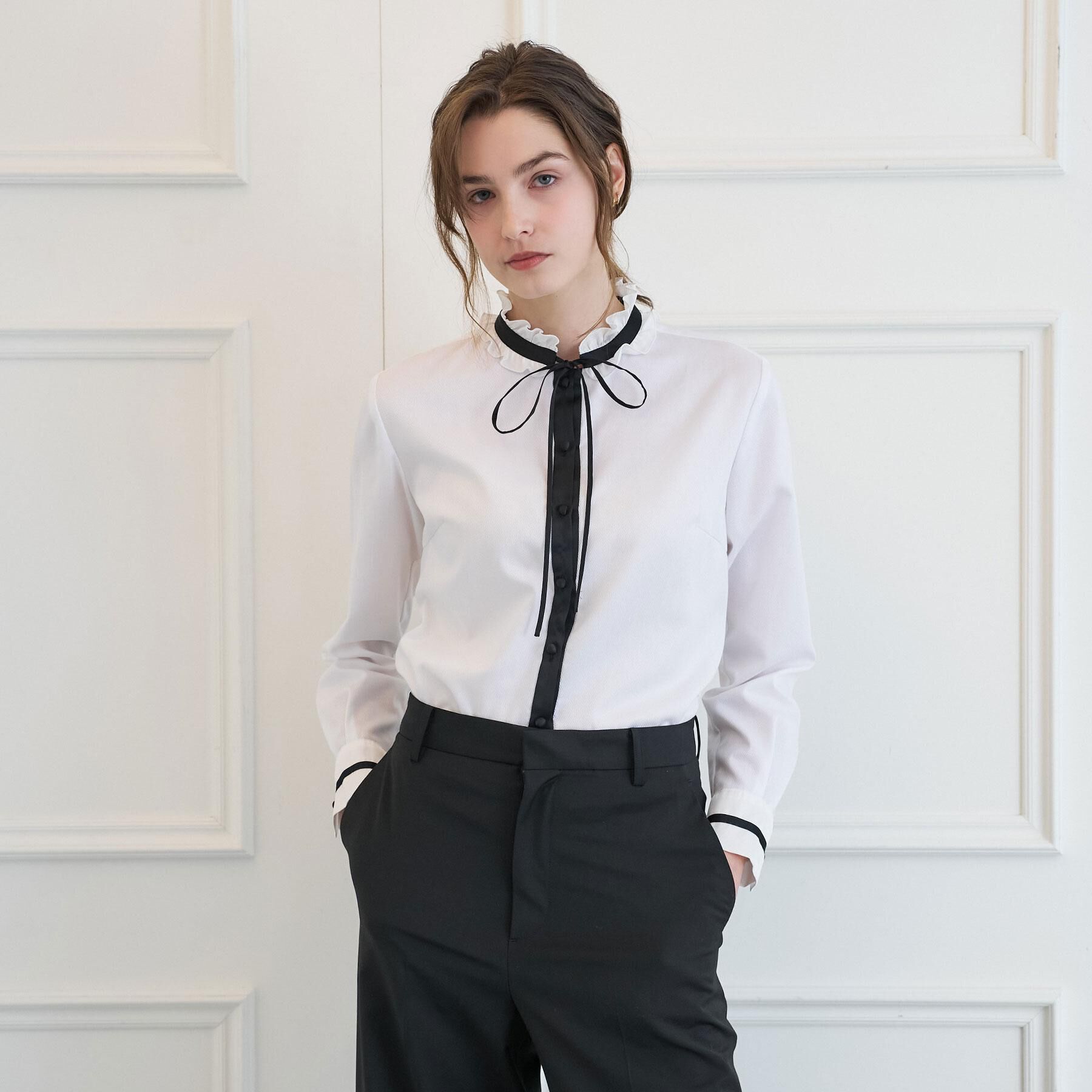 DRESSTERIOR「バイカラーリボンタイフリルネックブラウス」|シャツ・ブラウス|