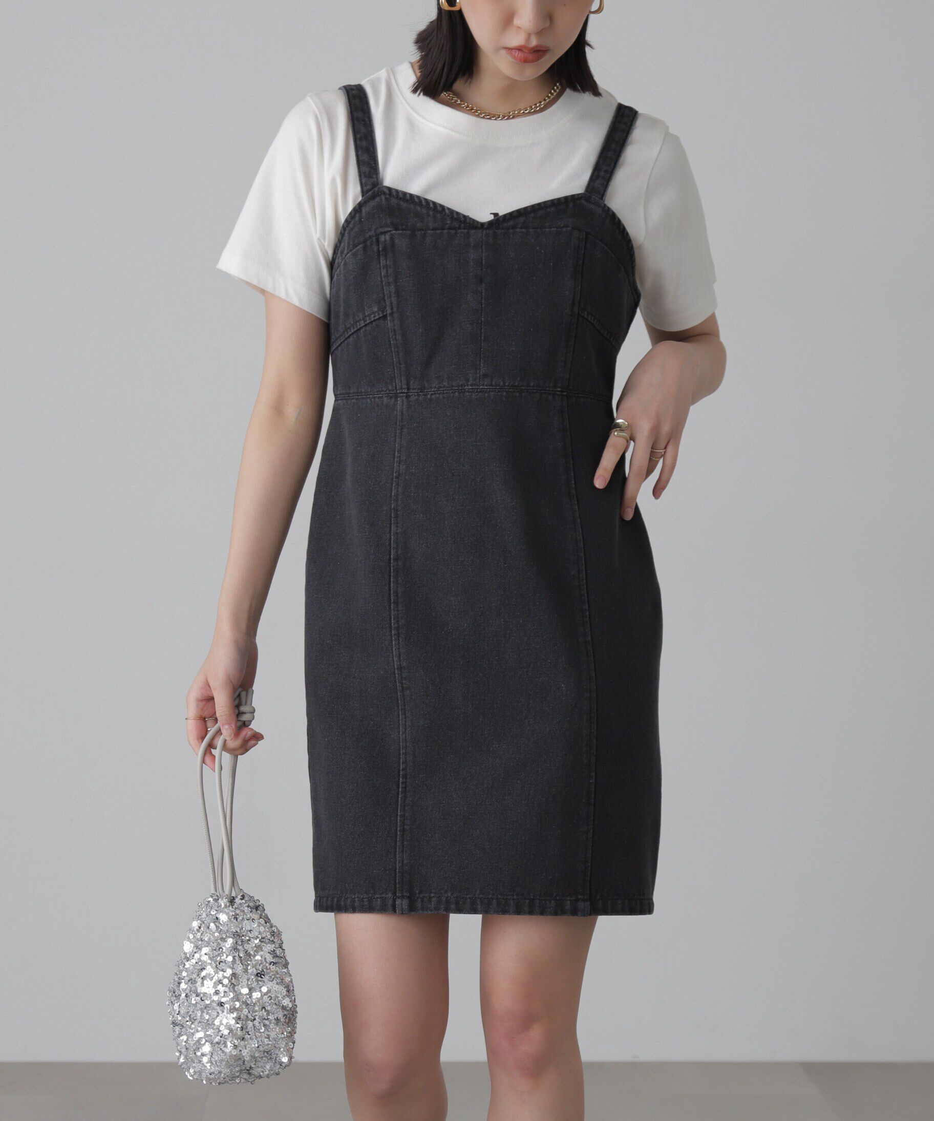  「デニムミニジャンパースカート」|ワンピース|ブラック1
