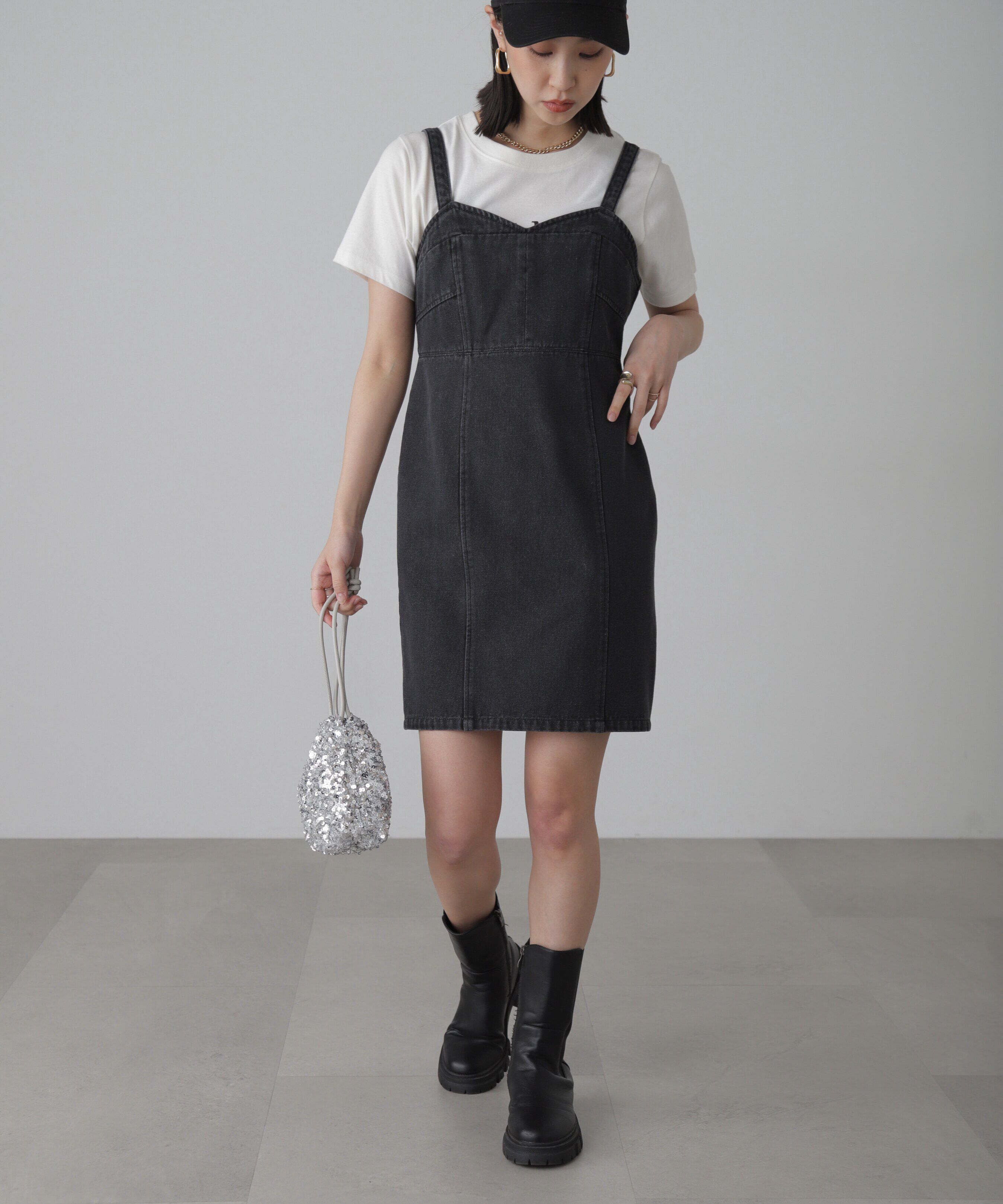  「デニムミニジャンパースカート」|ワンピース|