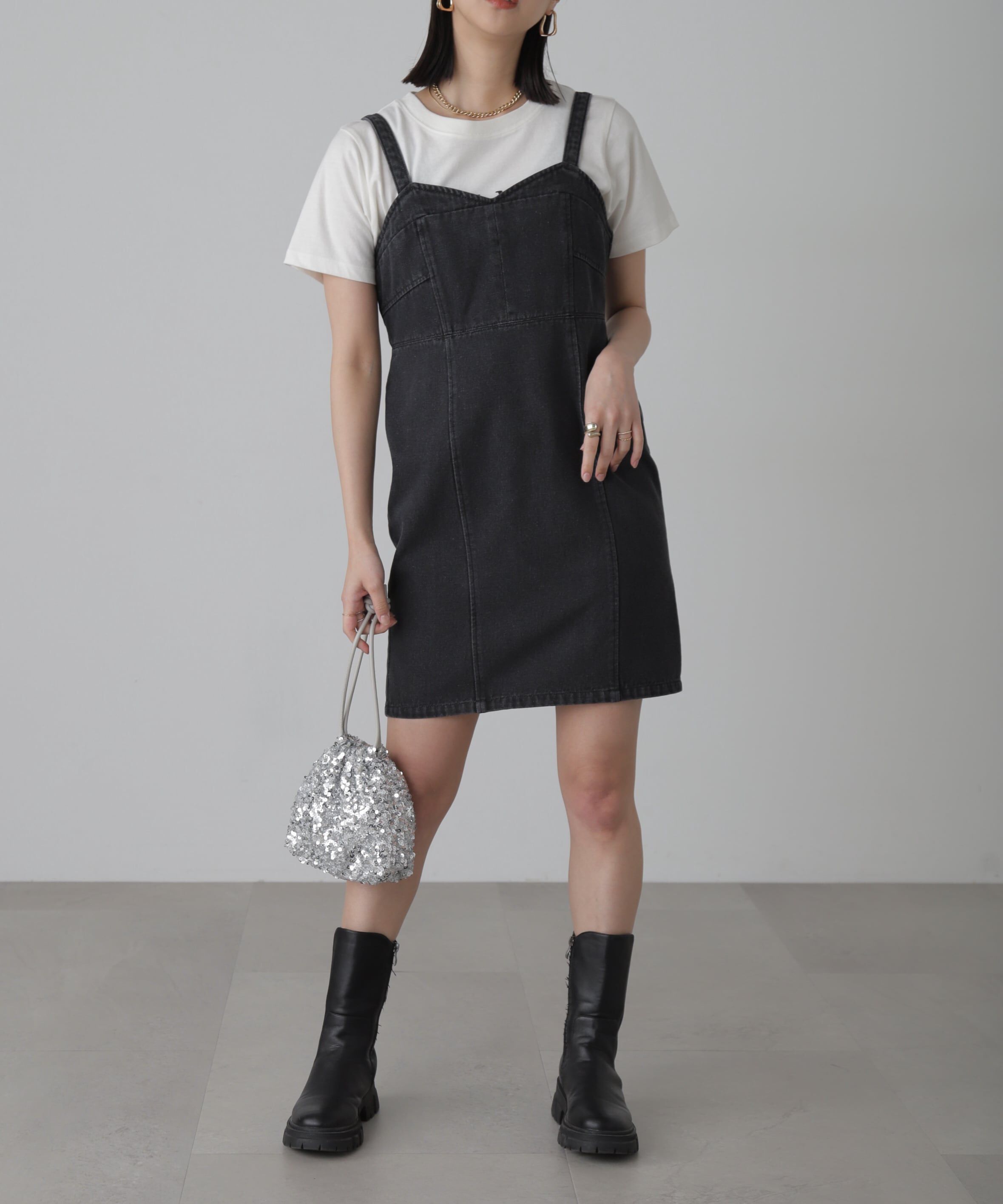  「デニムミニジャンパースカート」|ワンピース|