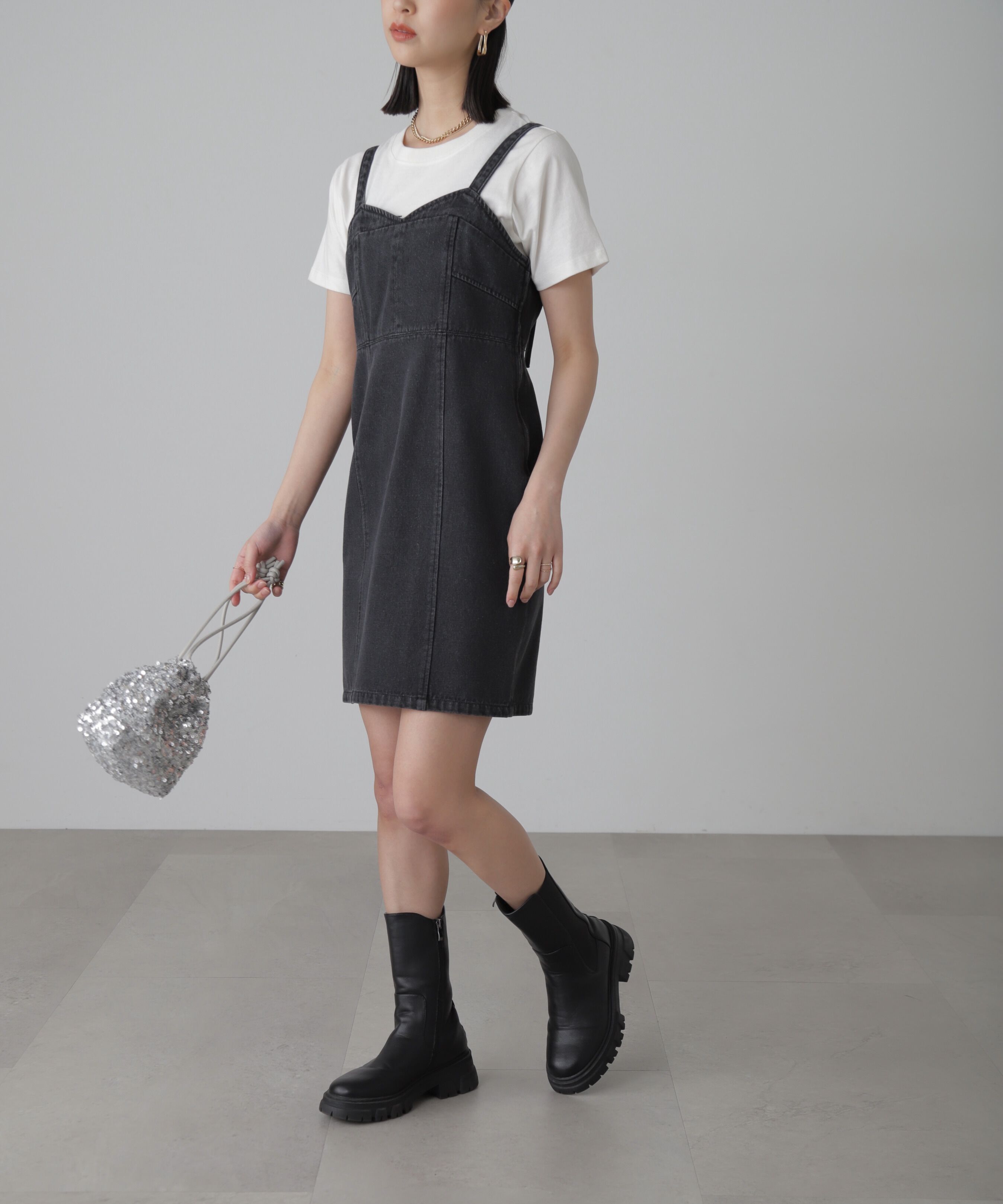  「デニムミニジャンパースカート」|ワンピース|