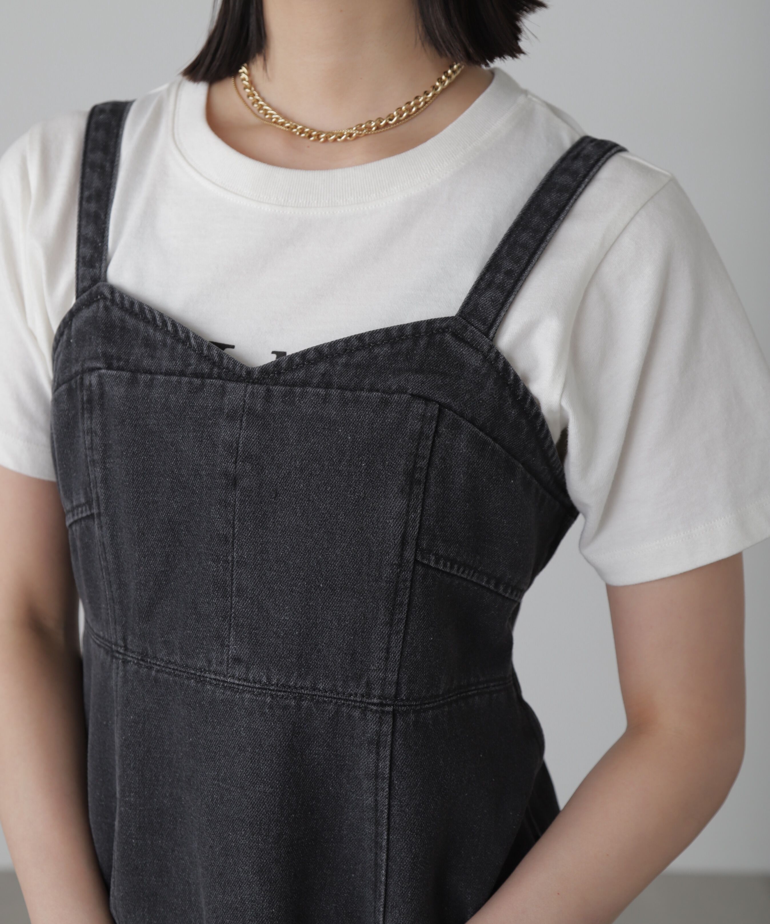  「デニムミニジャンパースカート」|ワンピース|