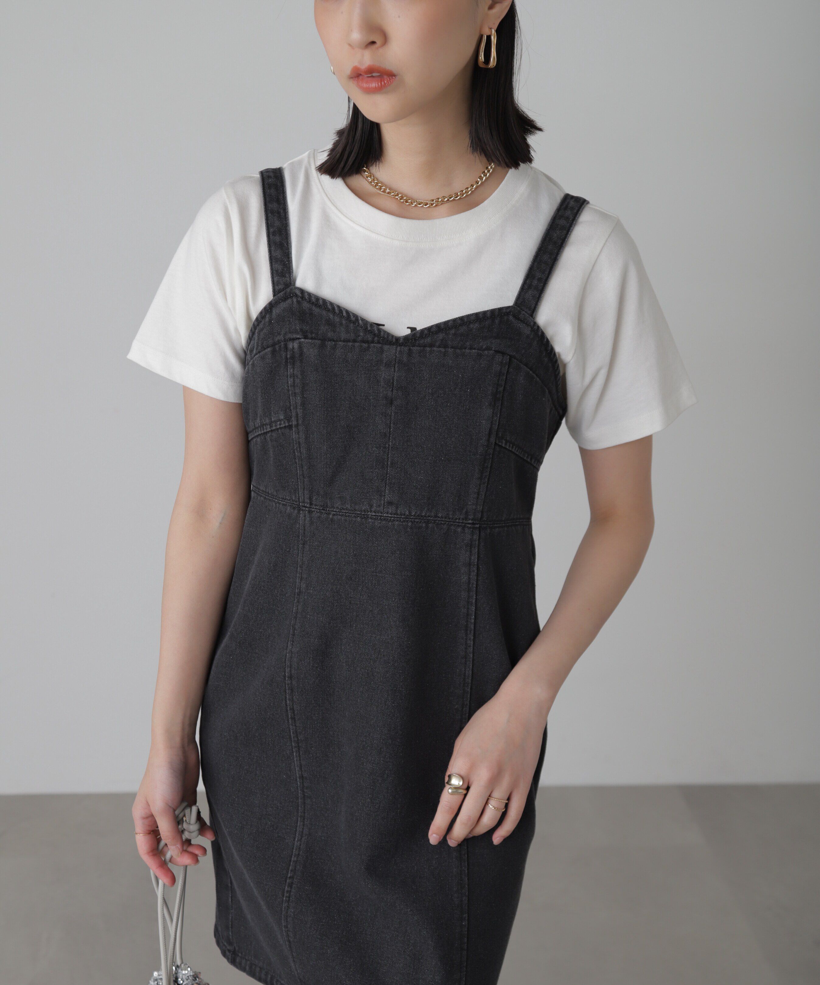  「デニムミニジャンパースカート」|ワンピース|