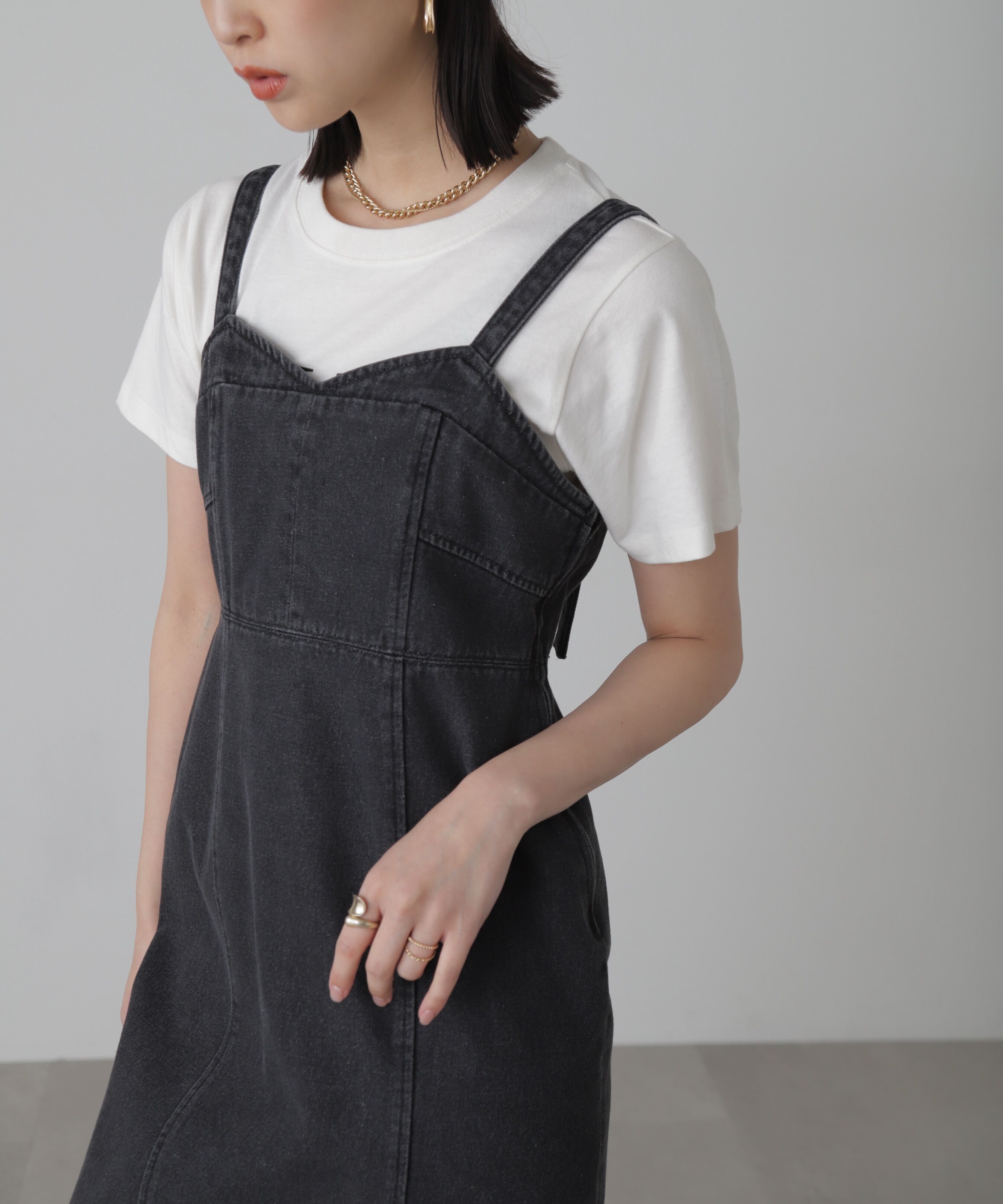  「デニムミニジャンパースカート」|ワンピース|