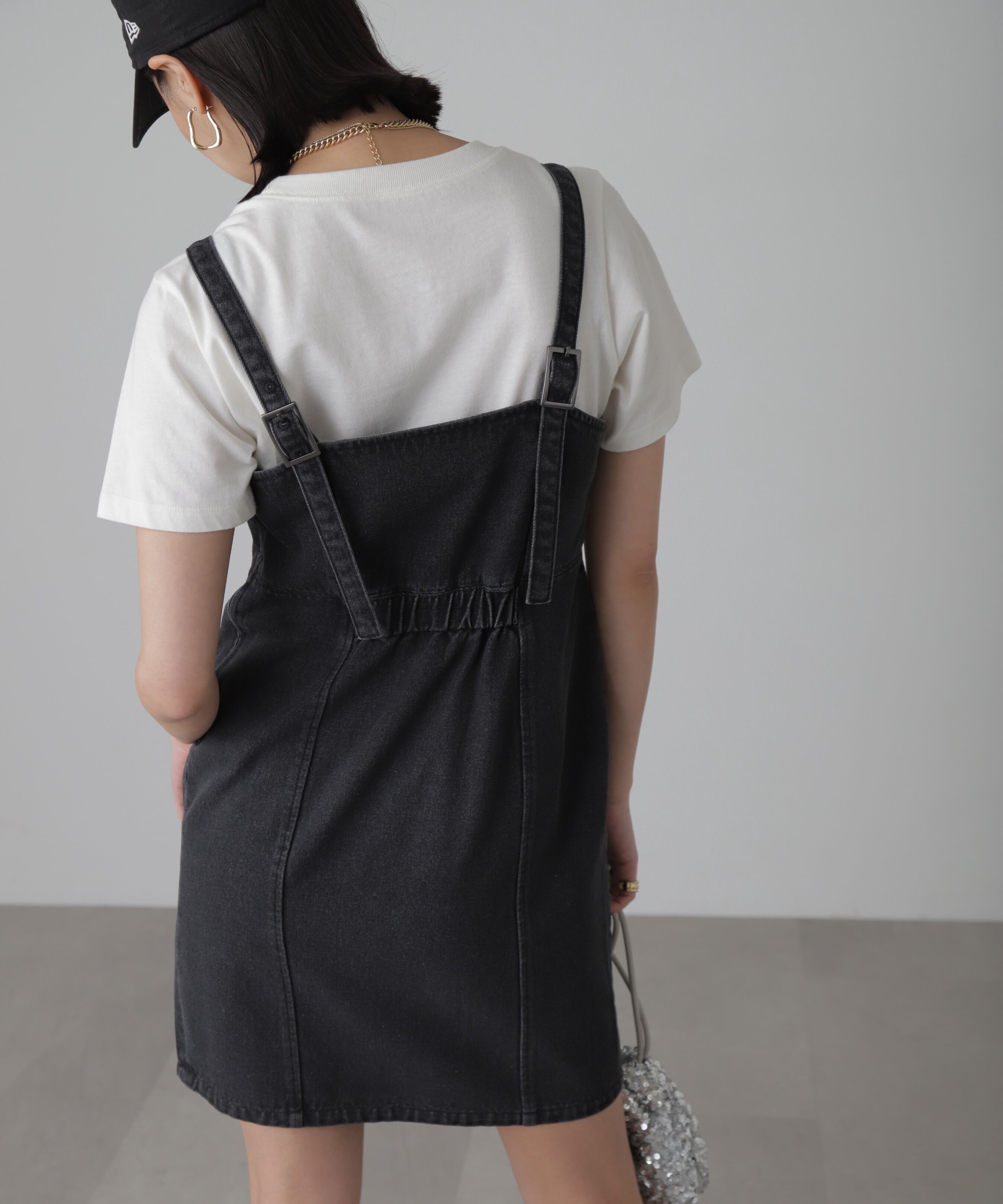  「デニムミニジャンパースカート」|ワンピース|