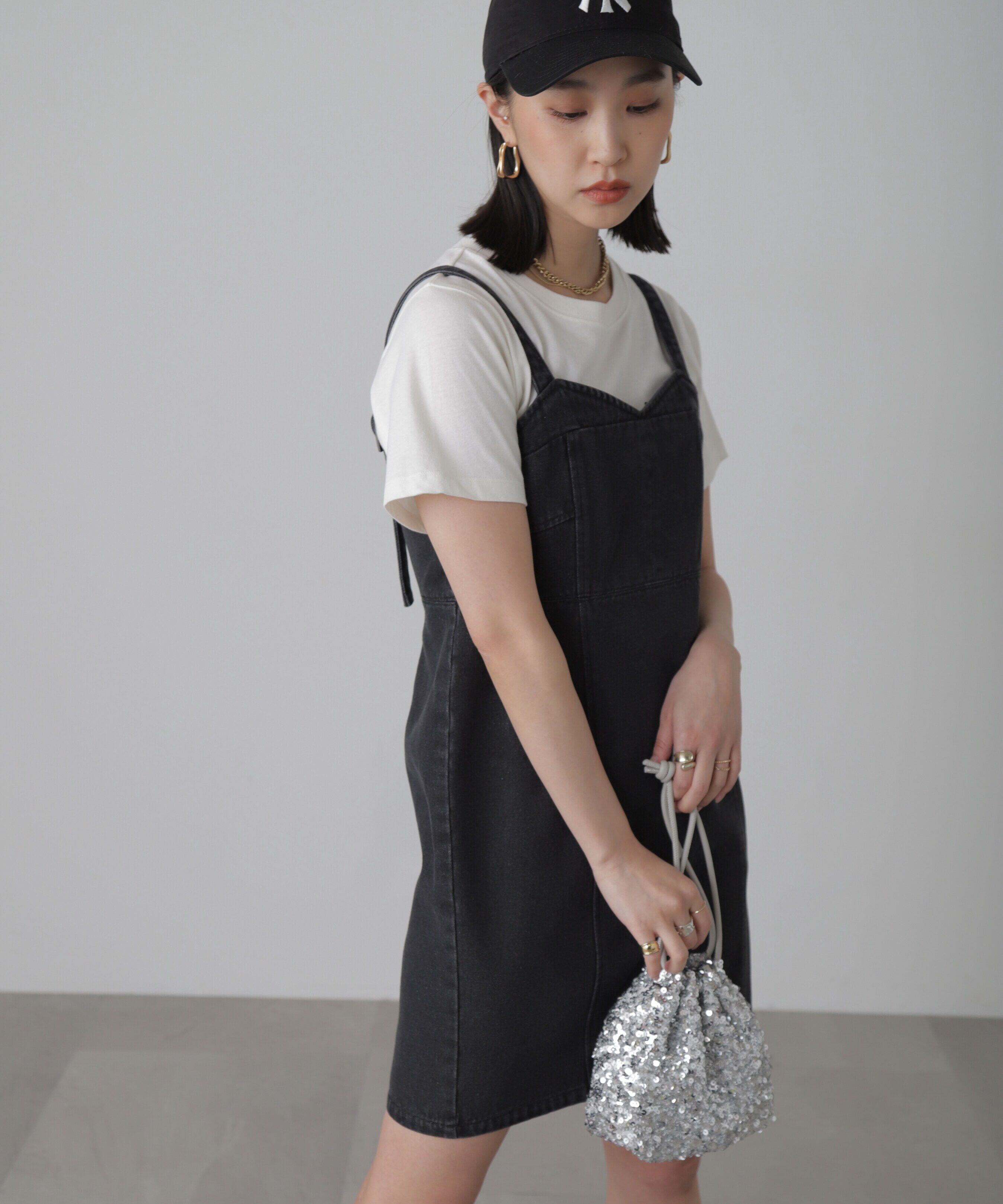  「デニムミニジャンパースカート」|ワンピース|