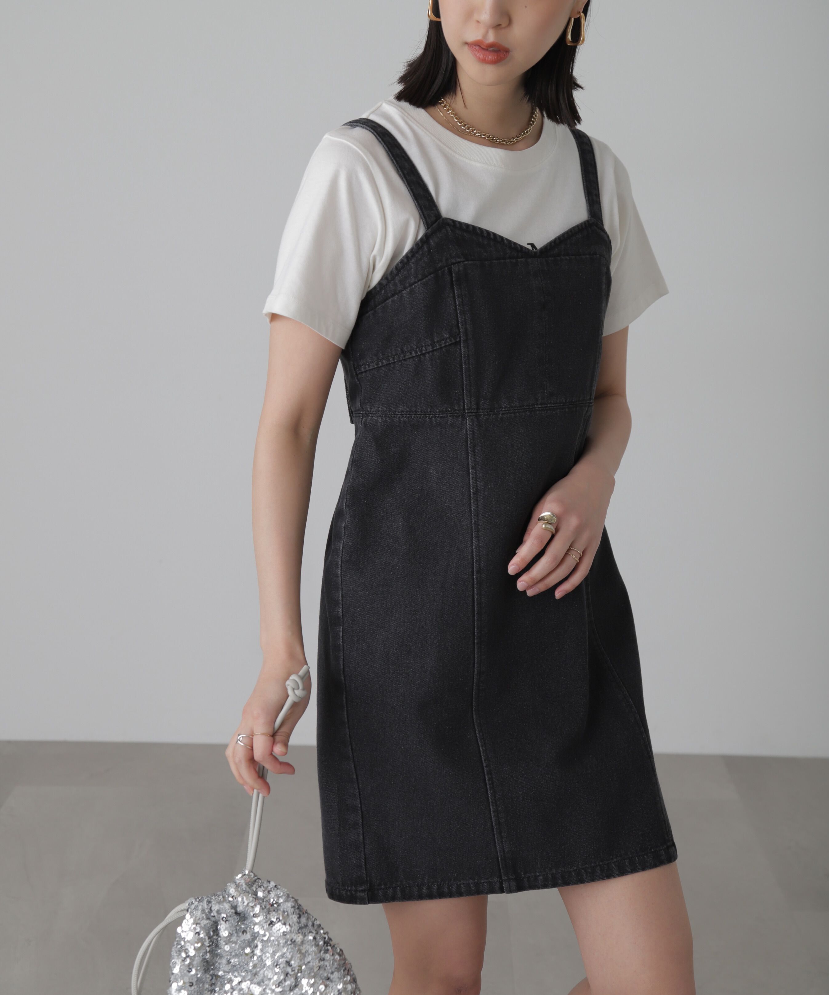  「デニムミニジャンパースカート」|ワンピース|