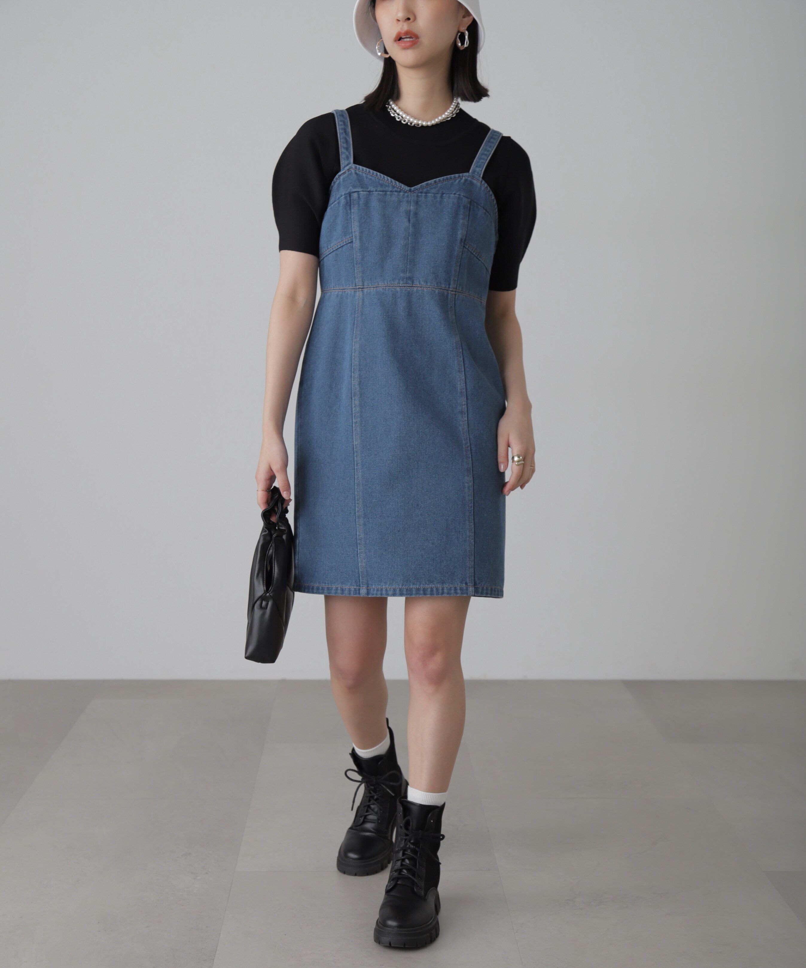  「デニムミニジャンパースカート」|ワンピース|