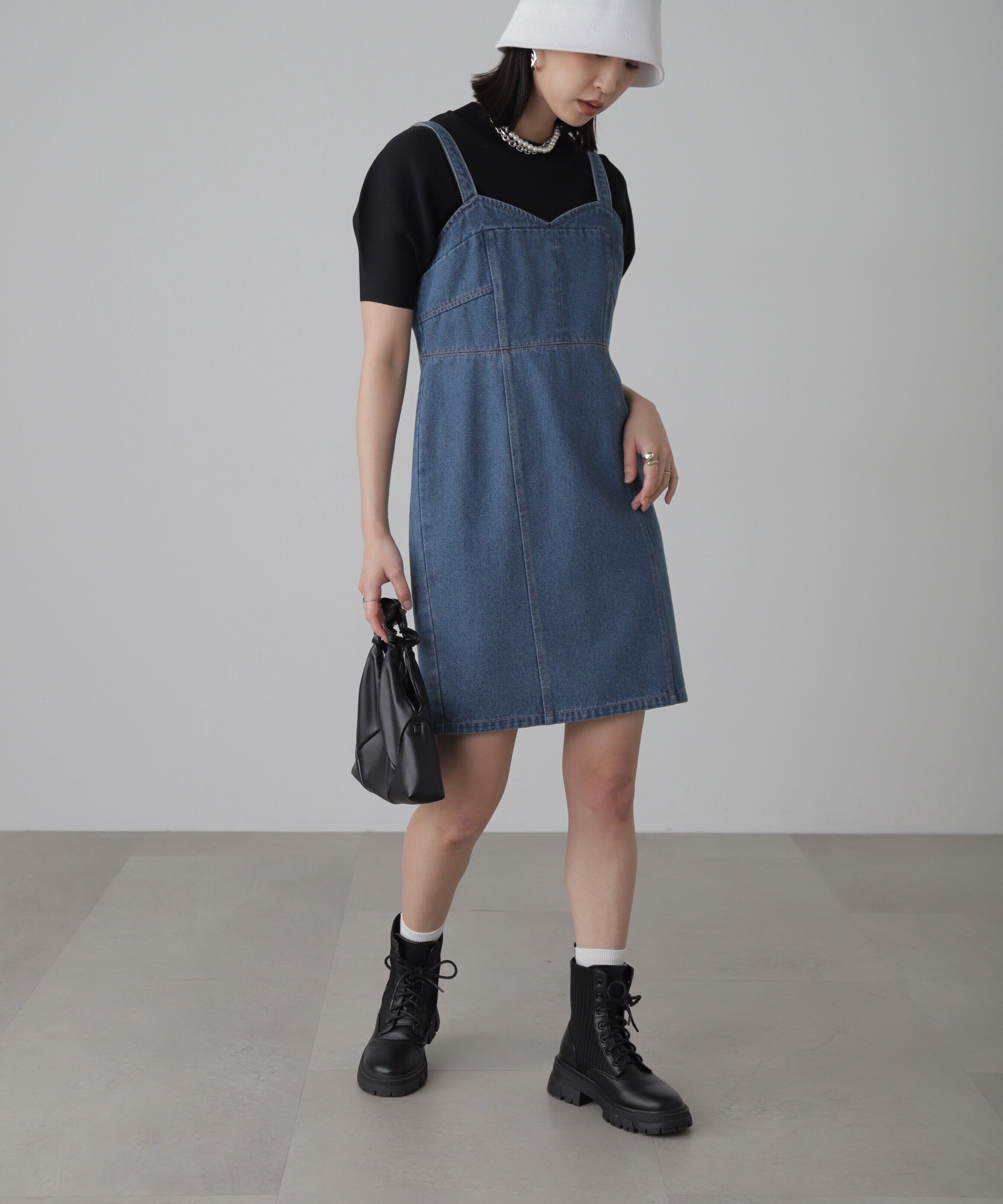  「デニムミニジャンパースカート」|ワンピース|