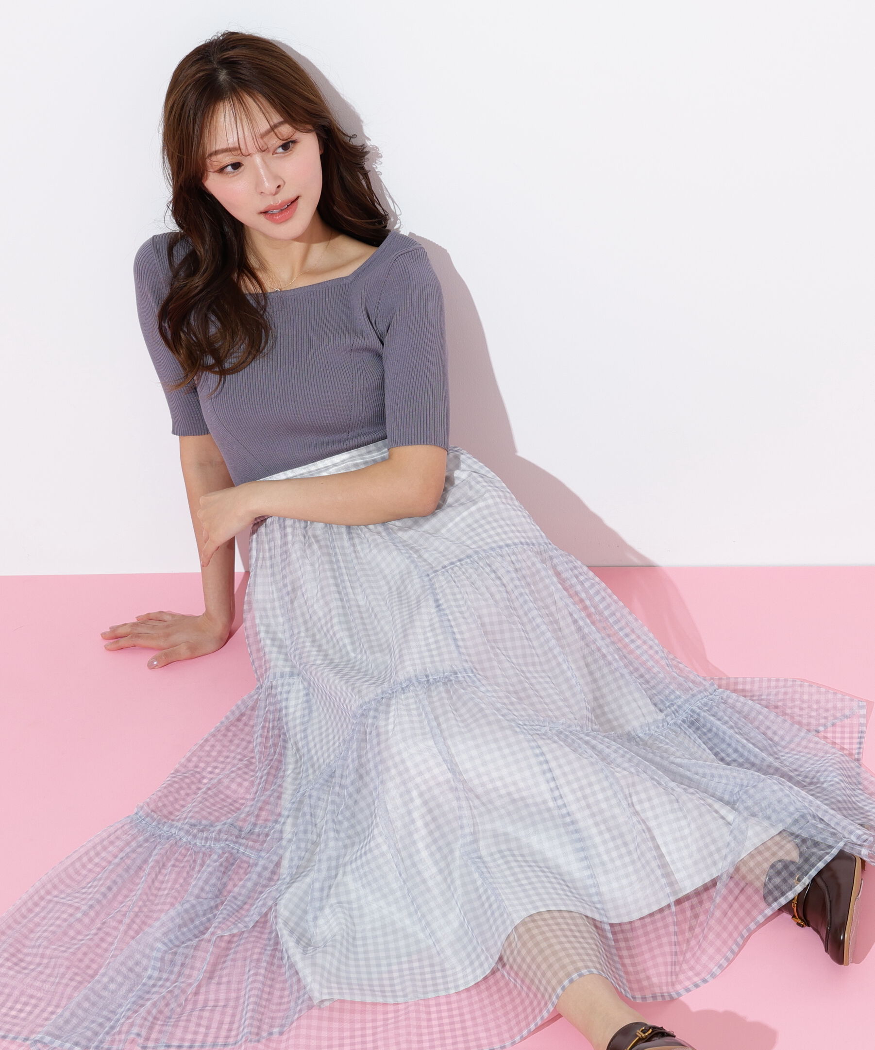  「ニット&times;シアースカートドッキングワンピース」|ワンピース|グレー