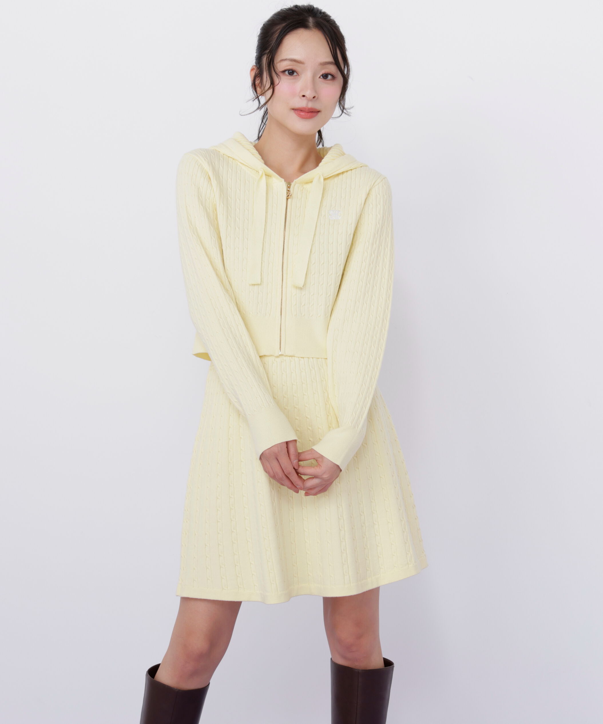  「ケーブルニットパーカーセットアップ」|ワンピース|イエロー