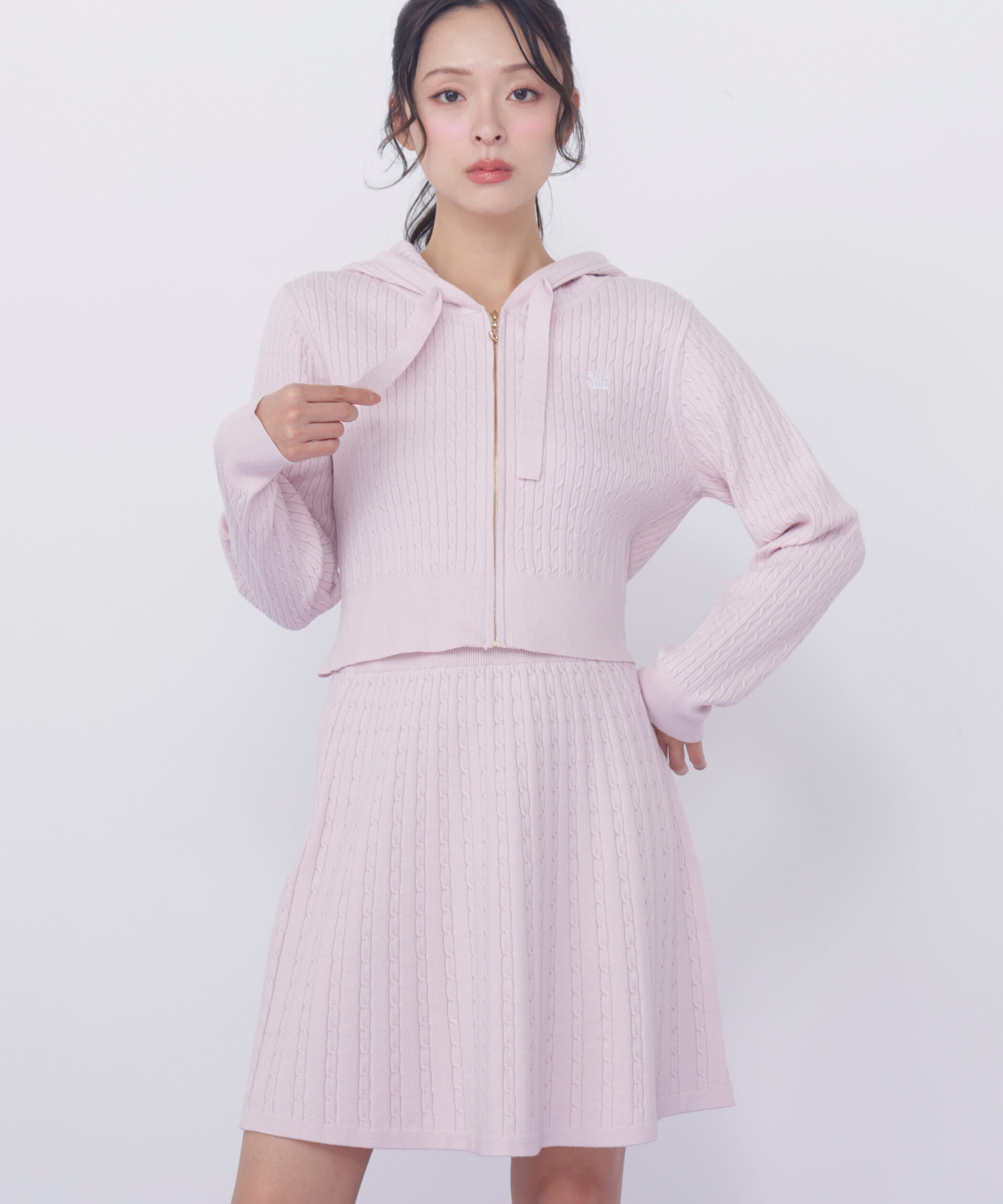  「ケーブルニットパーカーセットアップ」|ワンピース|ピンク