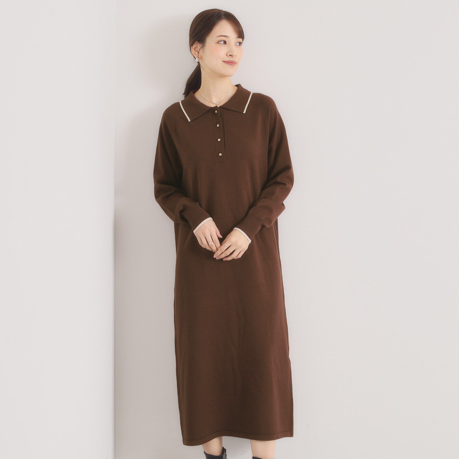 ITS&rsquo;DEMO「【手洗い可】ポロ衿ニットワンピース」|ワンピース|ブラウン(044)
