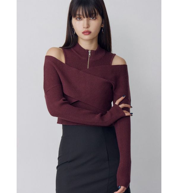 MURUA「カシュクールハーフジップトップス」|ニット・セーター|ボルドー