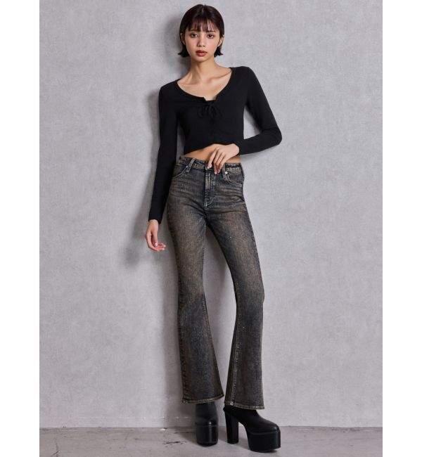 GYDA「ハイウエストbijouフレアデニムパンツ」|デニム|