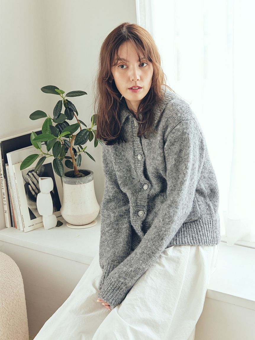 Mila Owen「ビジューボタンシャギーポロニットカーディガン」|カーディガン|