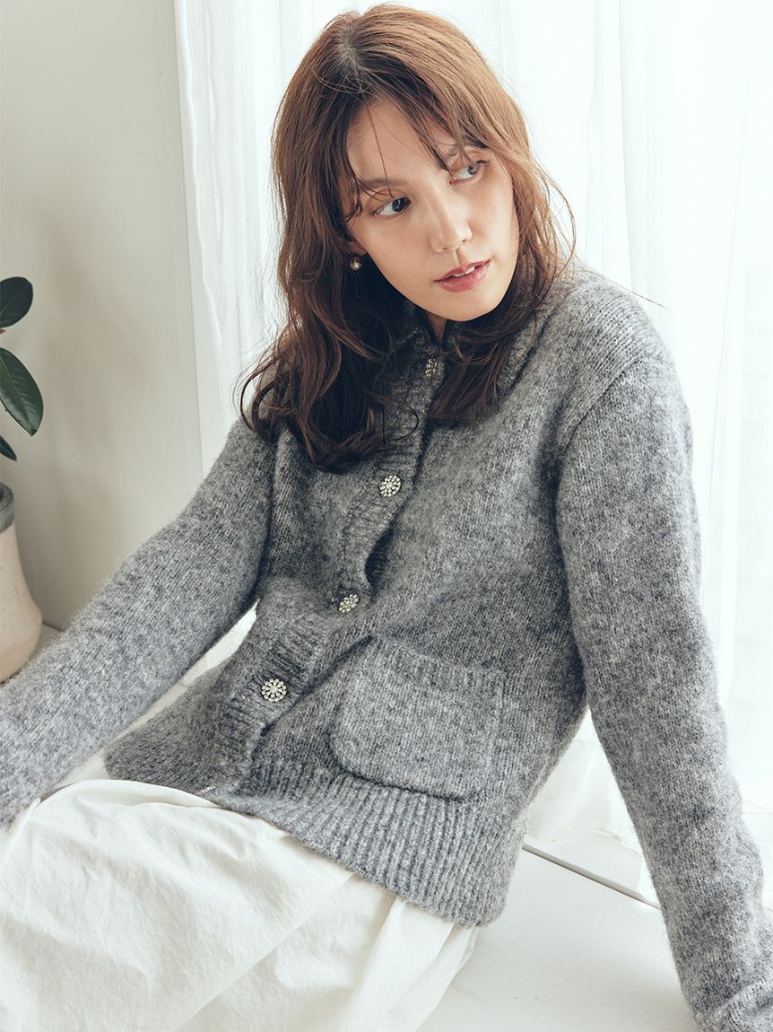 Mila Owen「ビジューボタンシャギーポロニットカーディガン」|カーディガン|