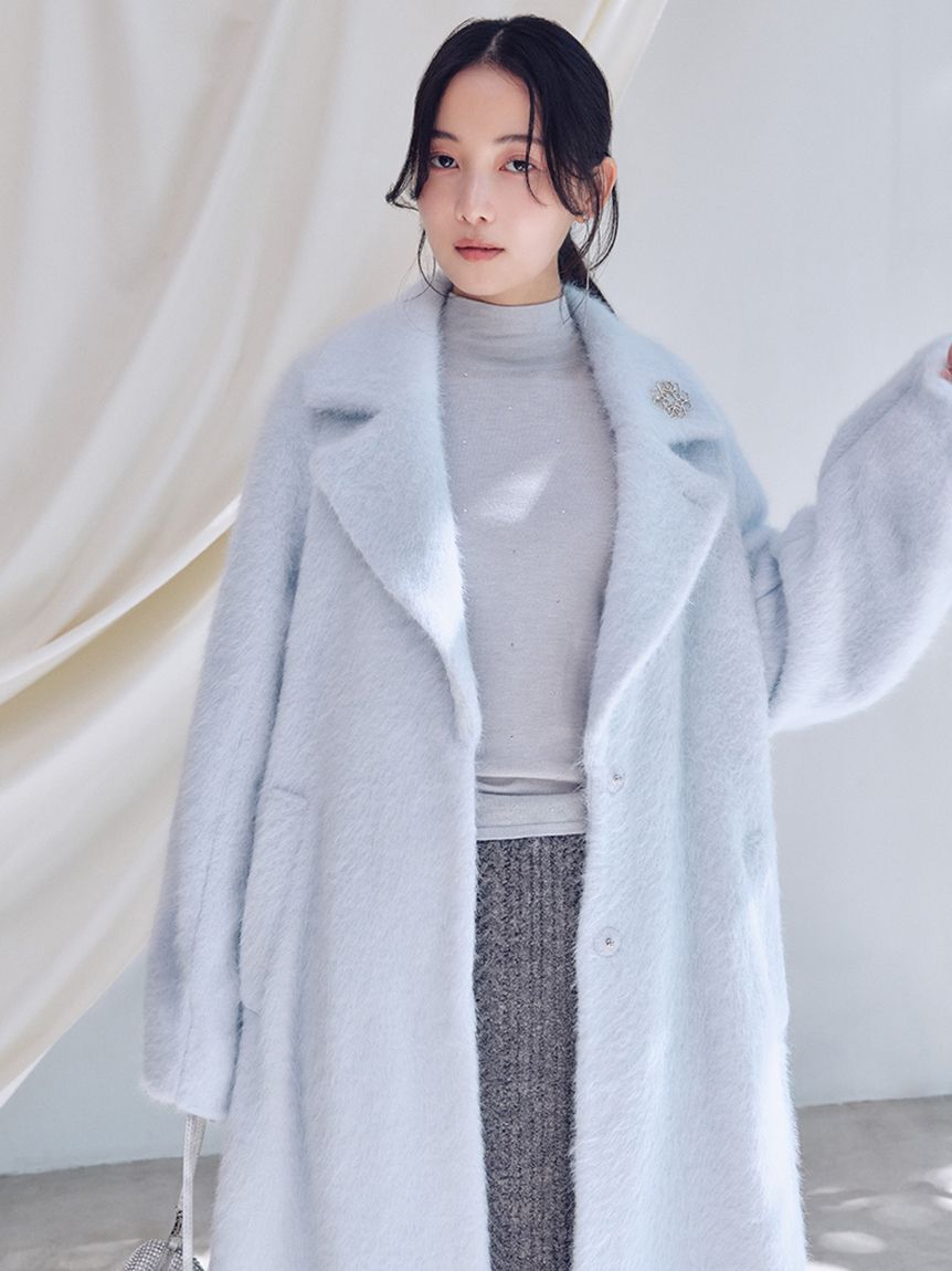SNIDEL「ブローチ付きシャギーロングコート」|チェスターコート|LBLU