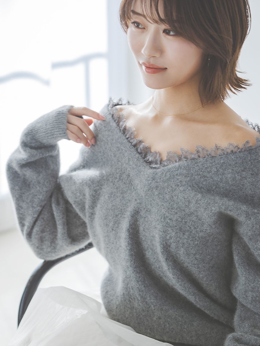 SNIDEL「フォックス衿レースプルオーバー」|ニット・セーター|GRY