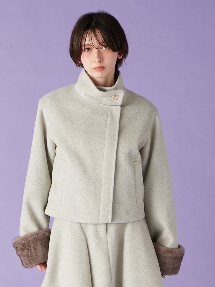 LILY BROWN「袖ファー2wayコート」|ノーカラージャケット|