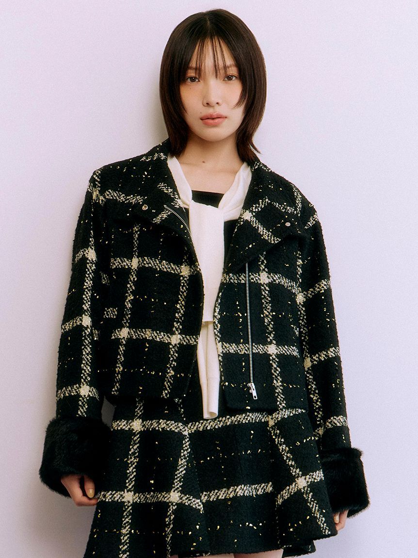 LILY BROWN「袖ファー2wayコート」|ノーカラージャケット|BLK