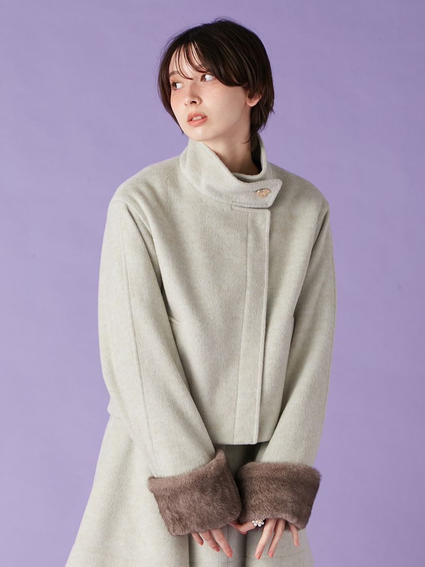 LILY BROWN「袖ファー2wayコート」|ノーカラージャケット|MNT