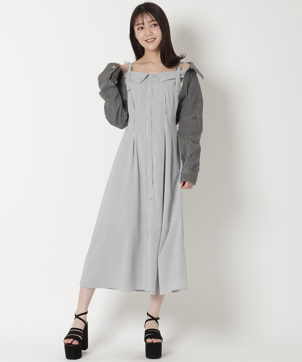 REDYAZEL「肩あきストライプシャツワンピース」|ワンピース|