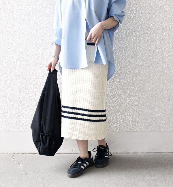 SHIPS any「《予約》SHIPS any:〈手洗い可能〉バスケット編み 配色 ライン タイト スカート」|スカート|オフホワイト