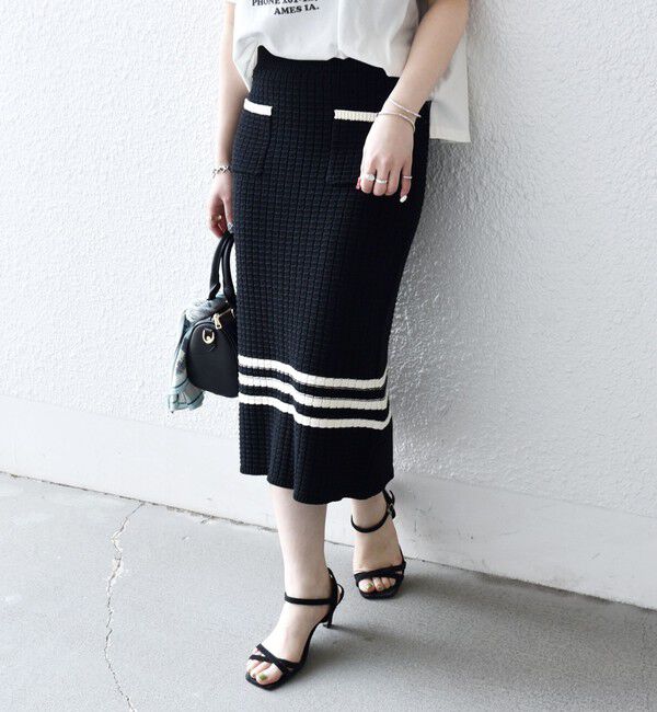 SHIPS any「《予約》SHIPS any:〈手洗い可能〉バスケット編み 配色 ライン タイト スカート」|スカート|