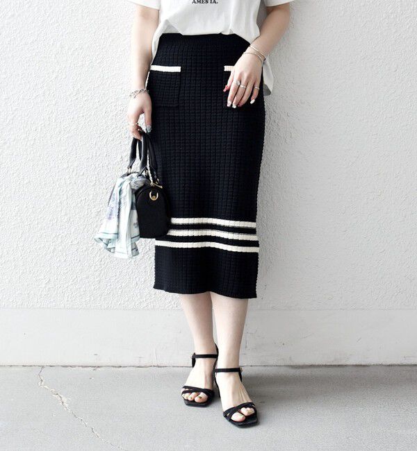 SHIPS any「《予約》SHIPS any:〈手洗い可能〉バスケット編み 配色 ライン タイト スカート」|スカート|
