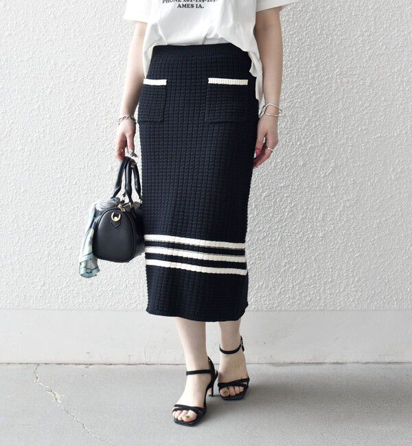 SHIPS any「《予約》SHIPS any:〈手洗い可能〉バスケット編み 配色 ライン タイト スカート」|スカート|