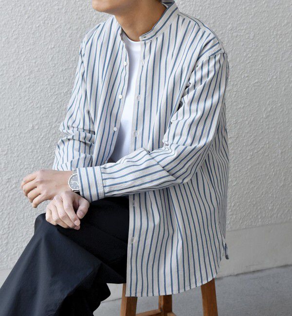 SHIPS any「SHIPS any:〈洗濯機可能〉コットン/リネン ストライプ バンドカラー シャツ 26SS◆」|シャツ・ブラウス|ライトブルー