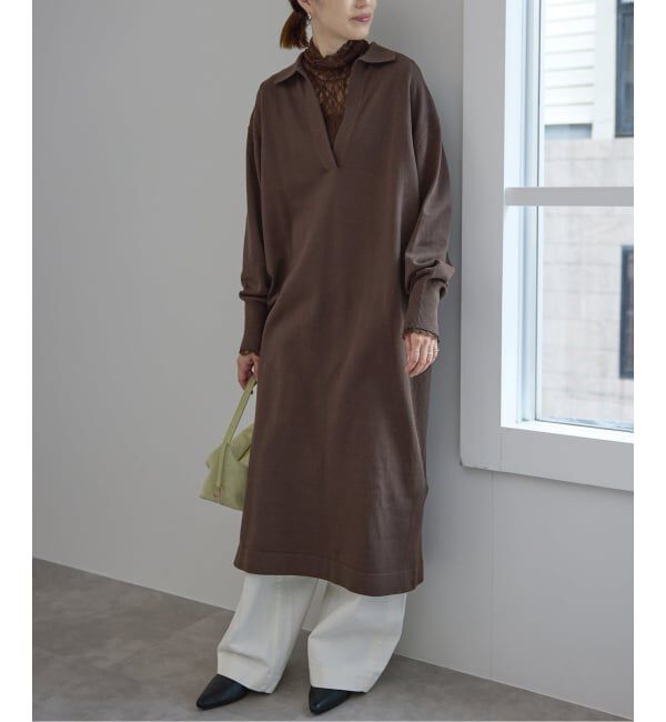 SLOBE IENA「スキッパーニットワンピース」|ワンピース|ブラウン