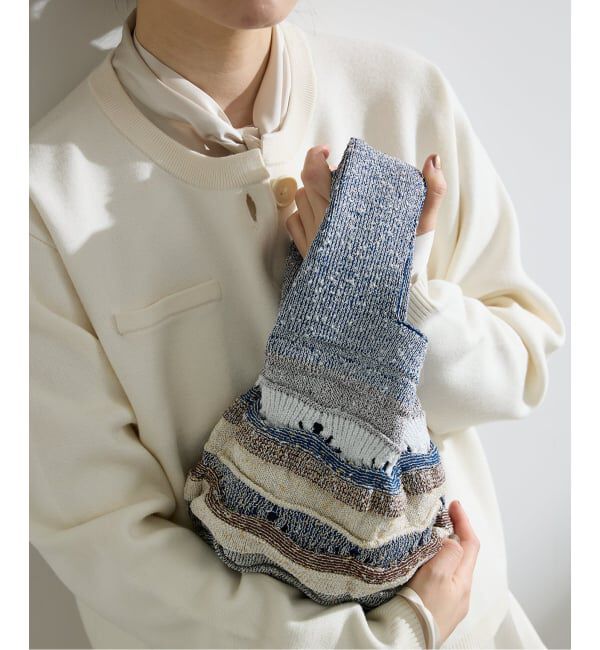 IENA「ラメMIXボーダーニットバッグ」|その他|ブルー