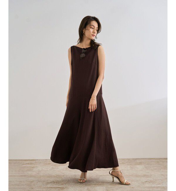 ROPE「レーヨンリネン スラッシュドネックワンピース【セットジャケット対応】」|ワンピース|ブラウン系(22)