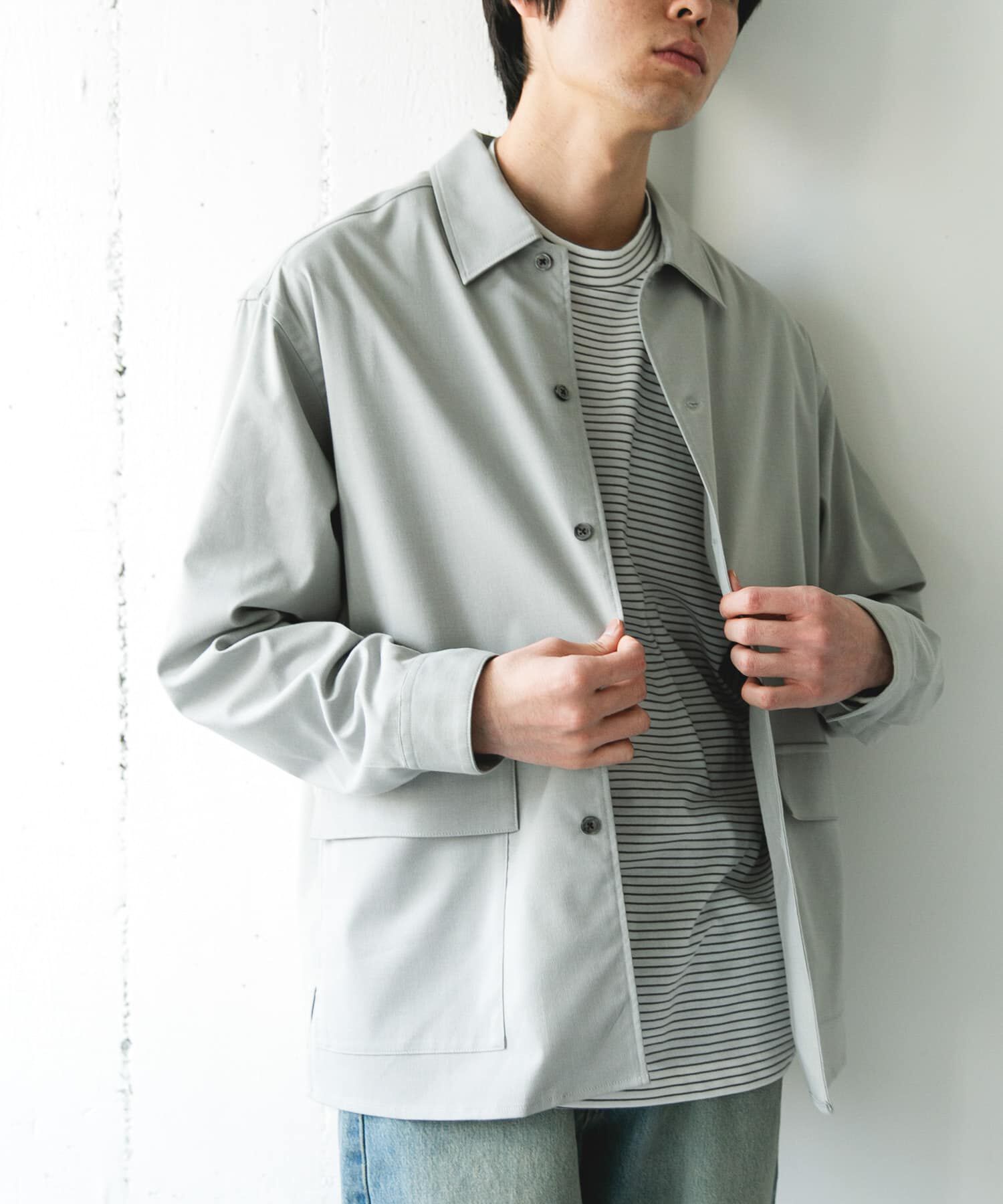 URBAN RESEARCH DOORS「ウールライクシャツジャケット」|ノーカラーコート|ライトグレー