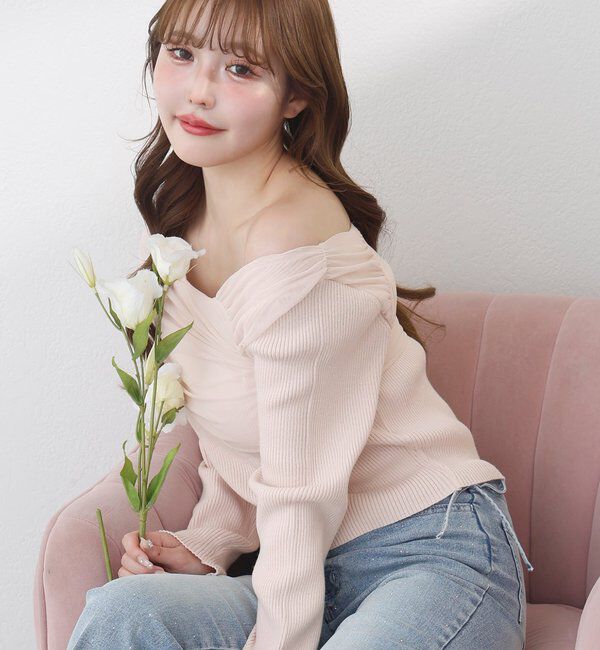  「異素材ドッキングオフショルニット」|ニット・セーター|ピンク